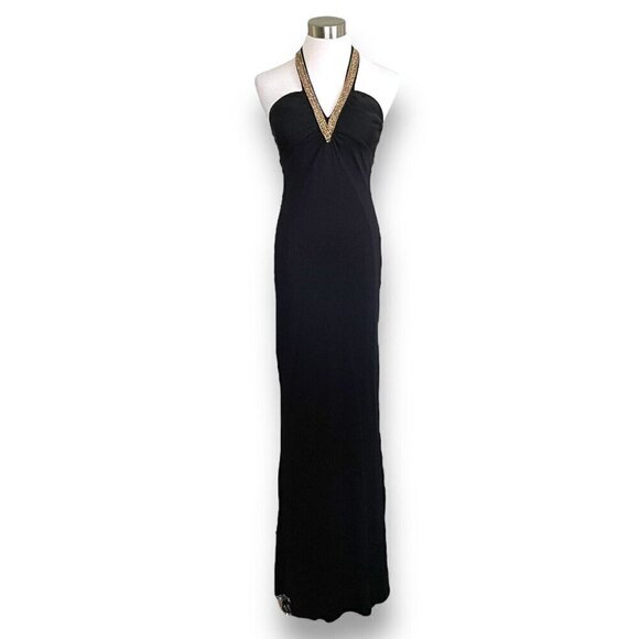 Y2K Vintage Prom Gown Sz P Petite Black Halter Rhinestone Halter Maxi Dress - Picture 2 of 12